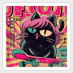 Pink Haired Black Cat Skater Girl Magnet